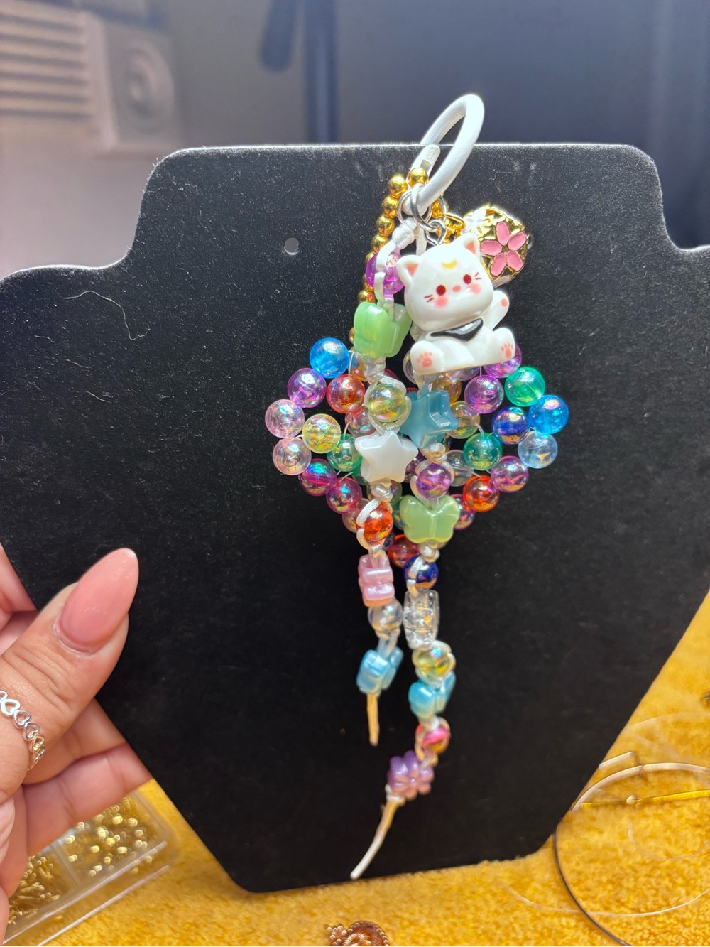 Multicolor Beaded Lucky Cat Keychain Charm for Women